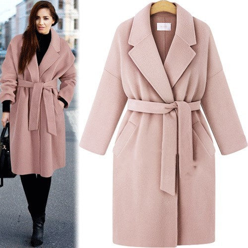 European and American winter new style plus size women's pure color lace-up windbreaker loose coat long woolen coat women