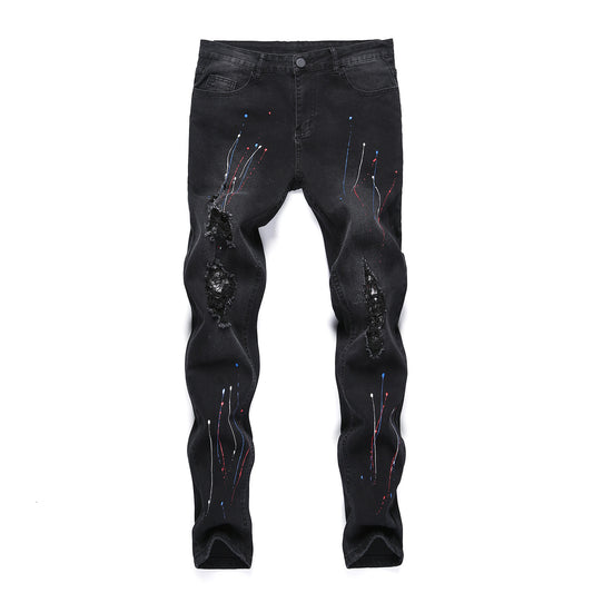 Men's Ripped Printed Jeans With Paint-stretch Stretch Feet