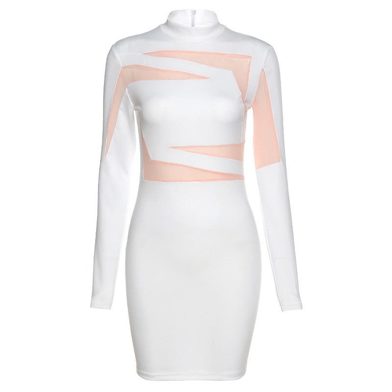 Long Sleeve Round Neck Contrast Color Fashion Hip Dress