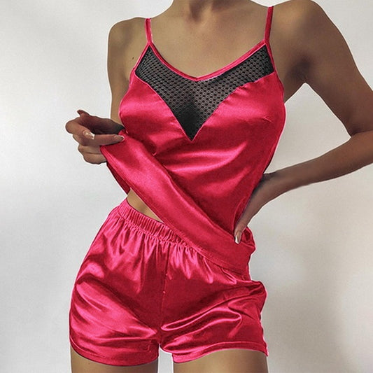 Satin Pajamas Lace Pijama Nightie Sleepwear Home Clothes Tops And Shorts Women's Silk Pajamas Solid Color Pajama Set