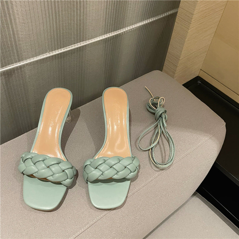 Summer New Fashion Woven 2 Ways To Wear Slippers Female Transparent Crystal Heel Lace High Heel Open Toe Sandals