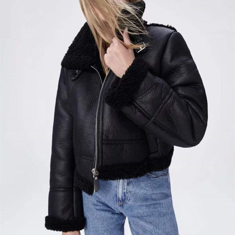 Women's PU Leather Double-sided Jacket Fur Coat