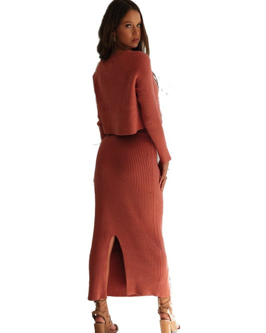 Fashion knitting split 3 color sweater dress long skirt