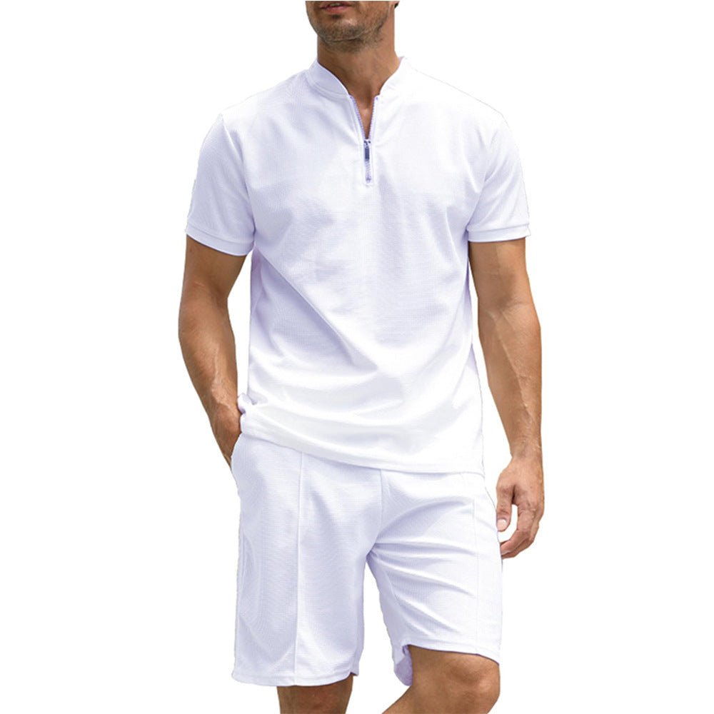 3D Simple POLO Men's Zip-up Shirt Short Sleeve Crew Neck Casual Shorts Suit