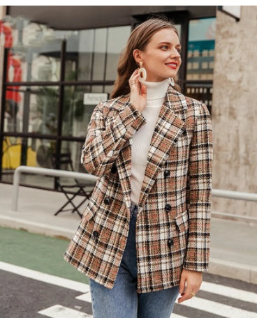 Winter double-breasted plaid blazer