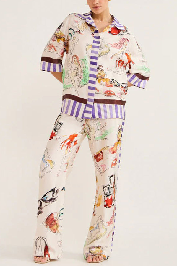 Autumn New Graffiti Printing Shirt Trousers Fashion Street Suit Two-piece Set For Women