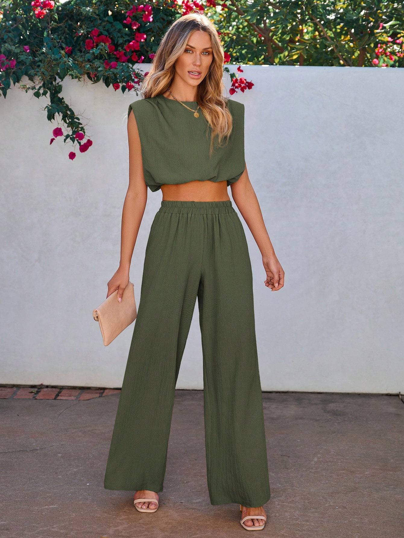 Women Solid Color Sleeveless Top And Long Pants 2-Piece Set For Vacation