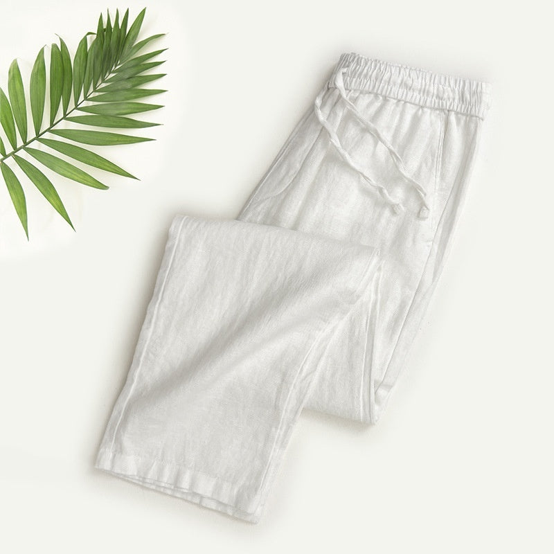 Pure Linen Men's Pants Summer Thin Linen Men's Casual Pants Loose Straight Wide Leg