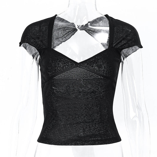 V-neck Back Irregular Slim Short Sleeve T-shirt For Women