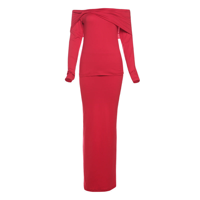 Women's Off-shoulder Collar Long Sleeve Off-shoulder Split Dress