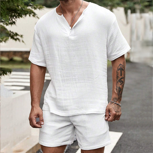 Summer Loose Casual Solid Color And V-neck Short Sleeve Shirt Shorts Suit