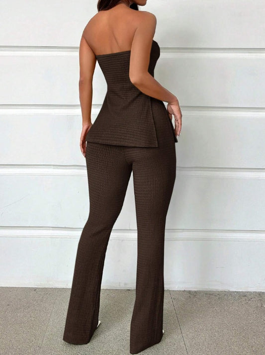 Summer Ladies' Solid Color Vacation Style Tube Top High-Slit And Flare Pants Two-Piece Set