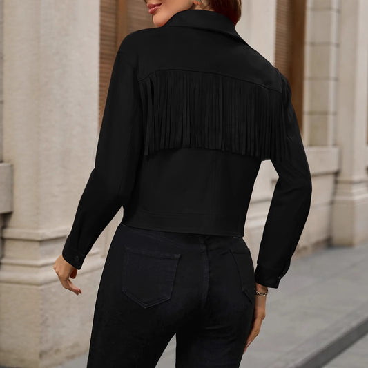 Fashionable Women's Tassel Solid Color Zipper Casual Jacket