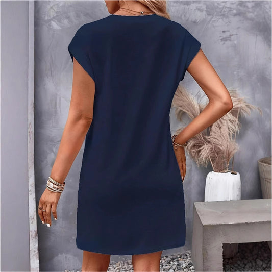 Round Neck Fastener Decoration A- Line Casual Short Sleeve Solid Color Dress