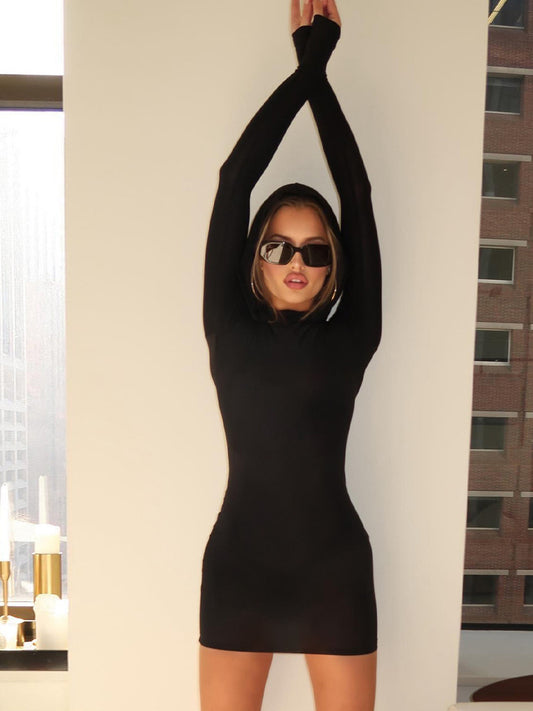 Short Skirt Women's Solid Color Long Sleeve Hooded Dress