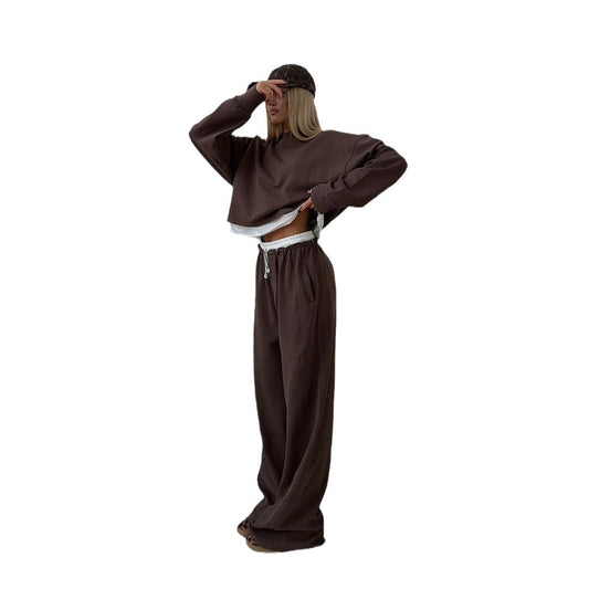 Solid Color Long Sleeve Round Neck False Two Pieces Sweater Suit Women