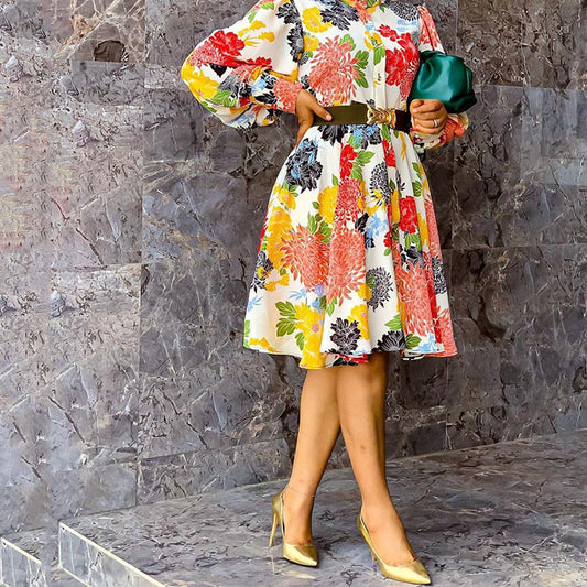 European And American Dresses Mid-length Pullover Long-sleeve Printed Slim Fit