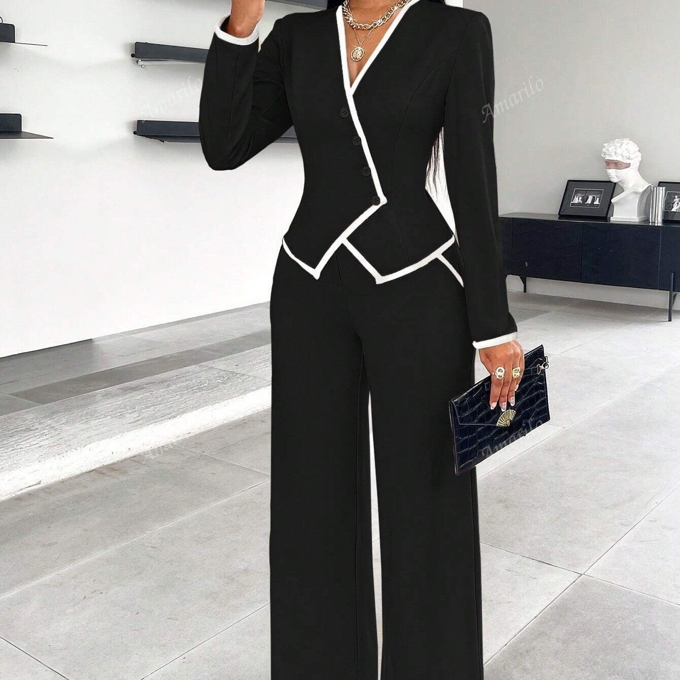Single-breasted Contrast Color Trim Suit Pants Suit