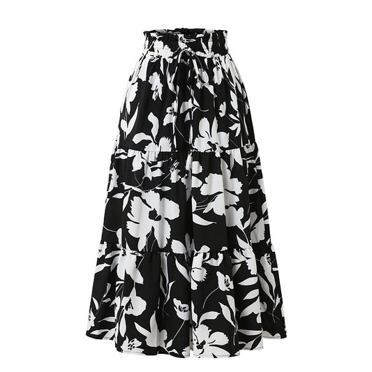 European And American Printed A- Line Skirt Pleated Skirt Women