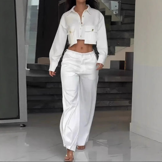 Midriff Outfit Long Sleeve Top Wide Leg Trousers