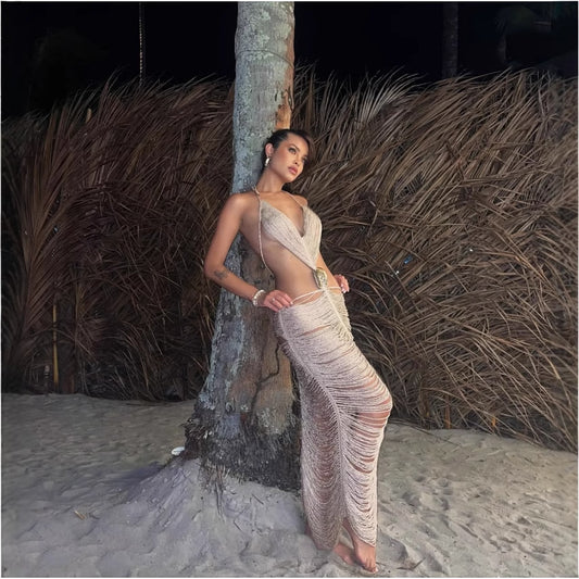 Spring And Summer Shell Tassel Halter Strap Sexy Dress