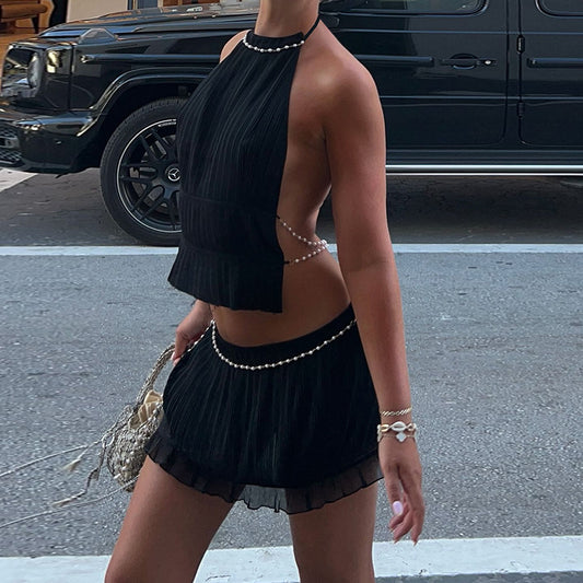 Summer Sexy Pearl Chain Halter Backless Top Mid-length Dress Set