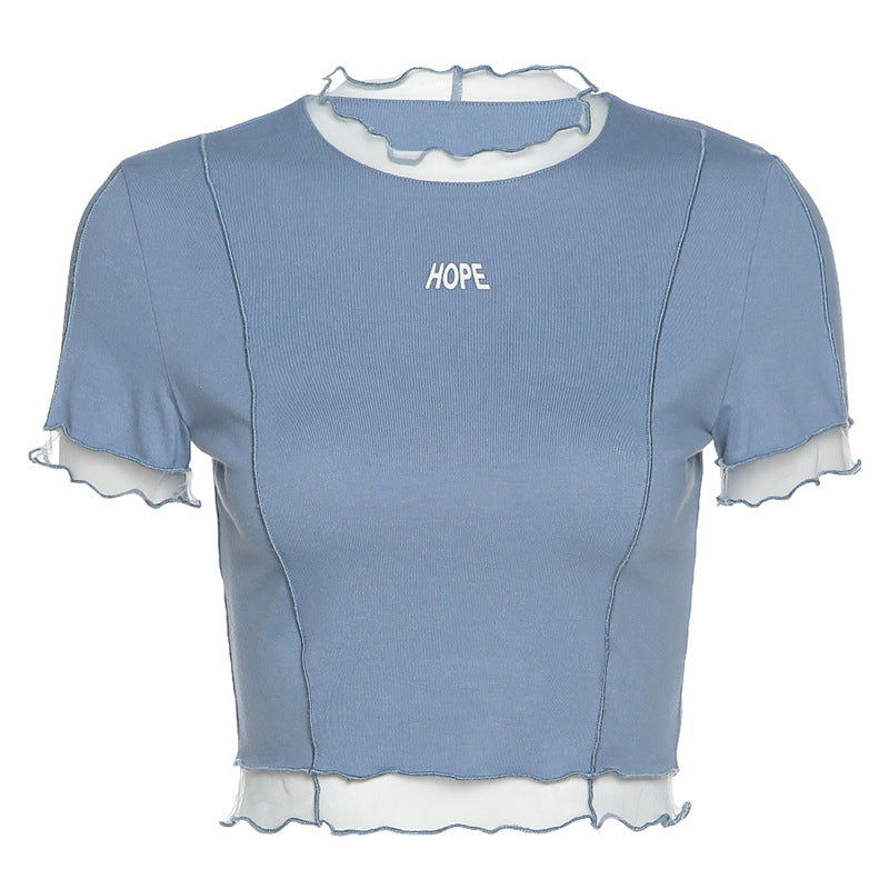 Fashion Letter Print Round Neck Wooden Ears Navel Exposed T Shirt Women