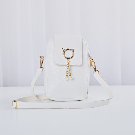 Mobile Phone Bags Women Woven Pearl Tassel Cover Type Crossbody Shoulder Bag