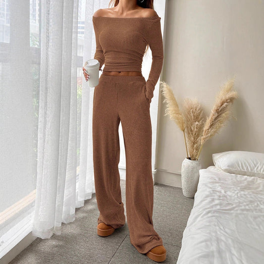 Women's Solid Color Rest Long Sleeve Boat Neck Top Wide Leg Pants Suit