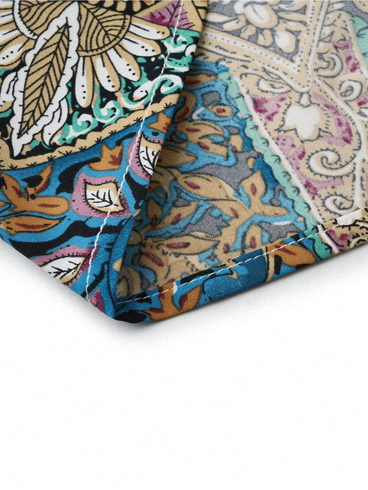 Women Print Maxi Dress High Waisted Cross Halter Neck With Tie Detail,Flowing Vacation Gown In Teal, Blue-Green & Brown Paisley Pattern, Machine Washable, Summer Fashion Decorative Tie Detail