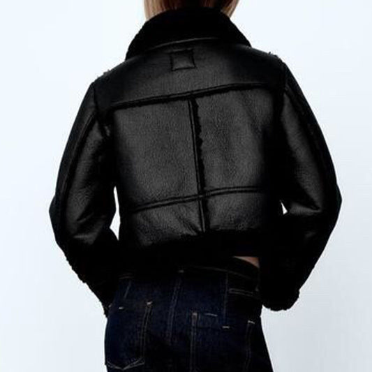 Women's PU Leather Double-sided Jacket Fur Coat