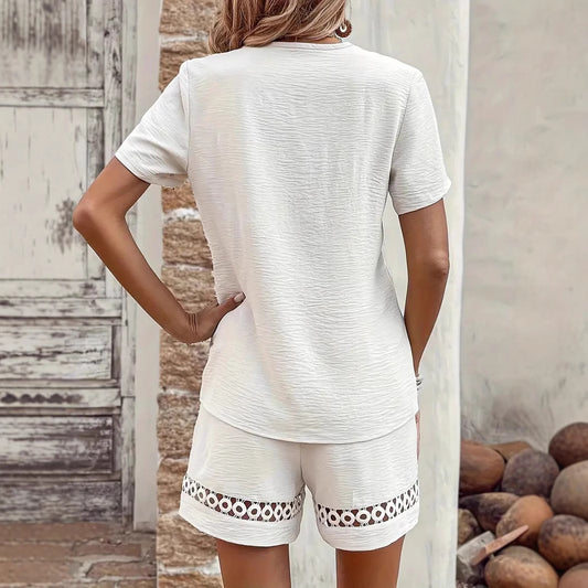 V-neck Stitching Short Sleeve Solid Color Shorts Suit Women