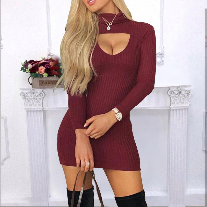Slim-Fit Solid Color High-Neck Long-Sleeved Dress