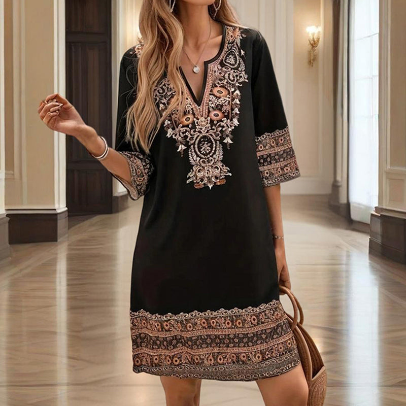 Women's V-Neck Middle Eastern Style Floral Print Midi Dress - Elegant Sleeve Design Lightweight Perfect For Spring&Summer Vacation & Daily Wear