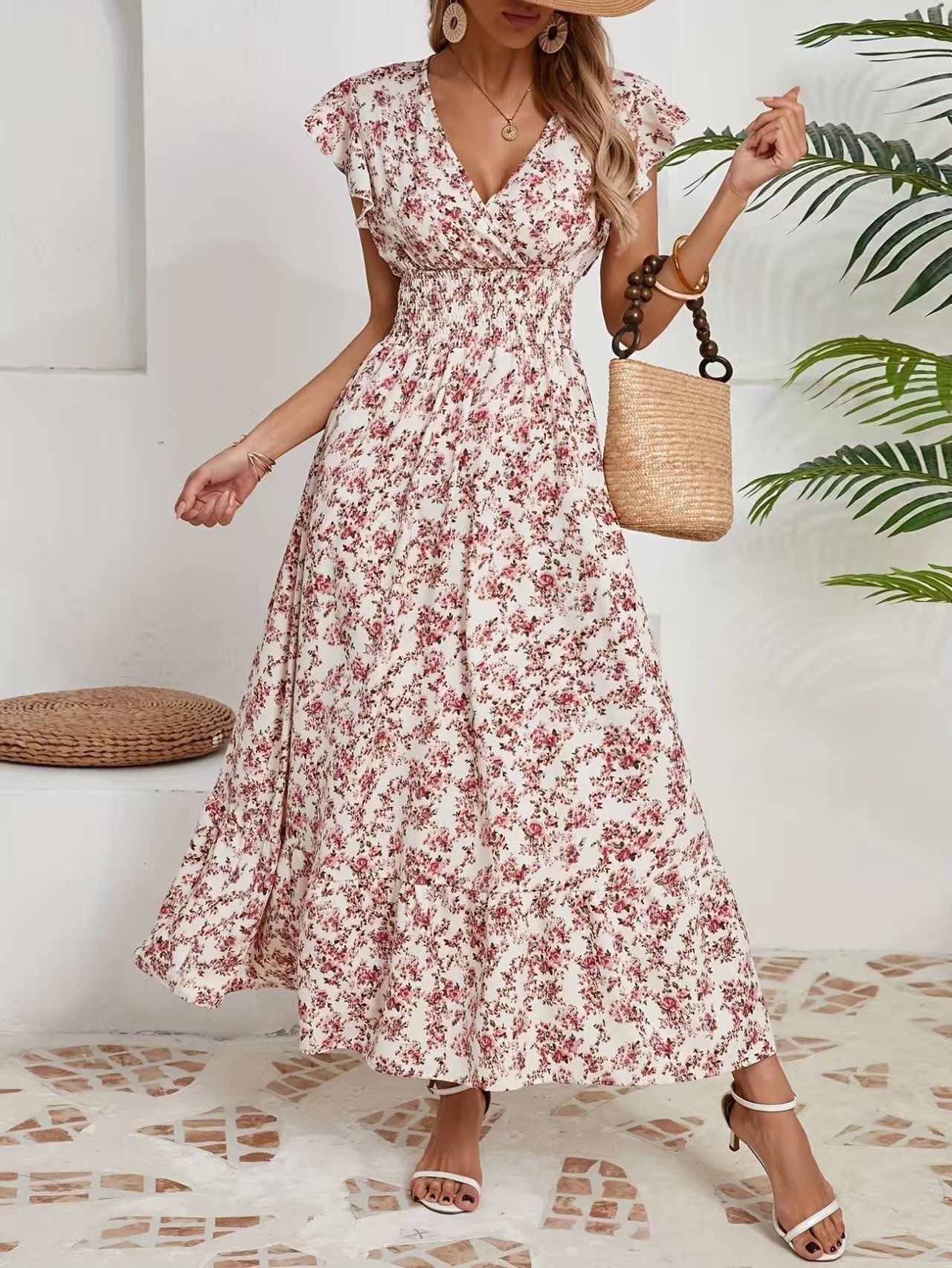 Fashion Floral Long Sleeve Waist Swing Dress