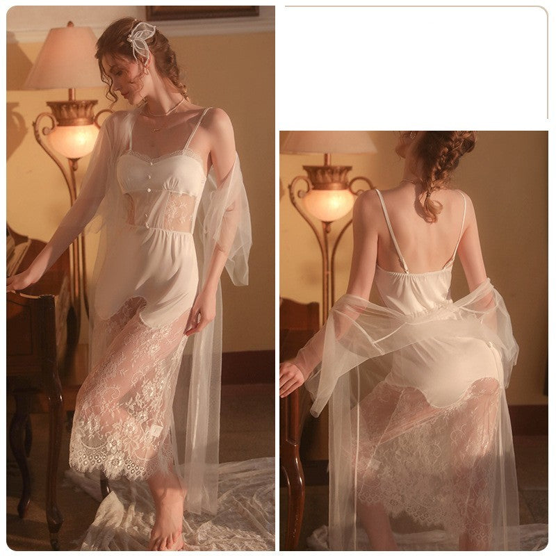 Long Lace Suspender Nightdress Lace Up Women's Home Clothes Suit