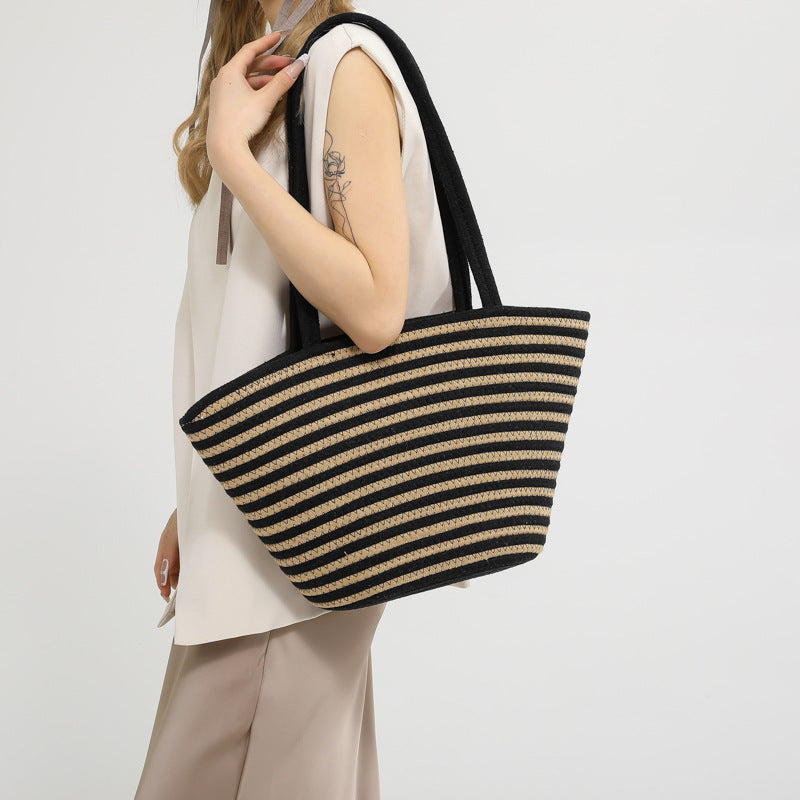 Spring Contrast Color Straw Bag Large Capacity