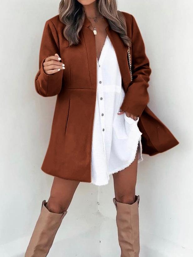 Solid Color Slimming Long Sleeve Pocket Woolen Women's Coat