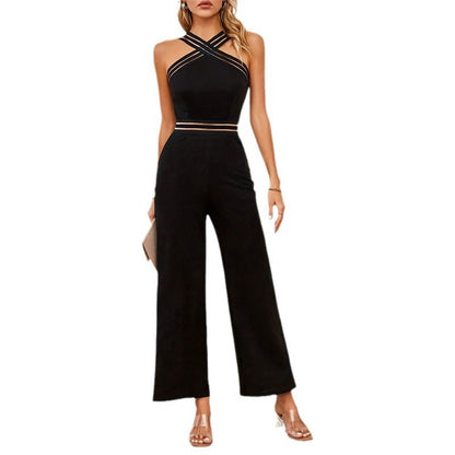 Graceful And Fashionable Bodysuit Women's See-through High Waist Stretch Knitted Backless Halter Sleeveless Jumpsuit