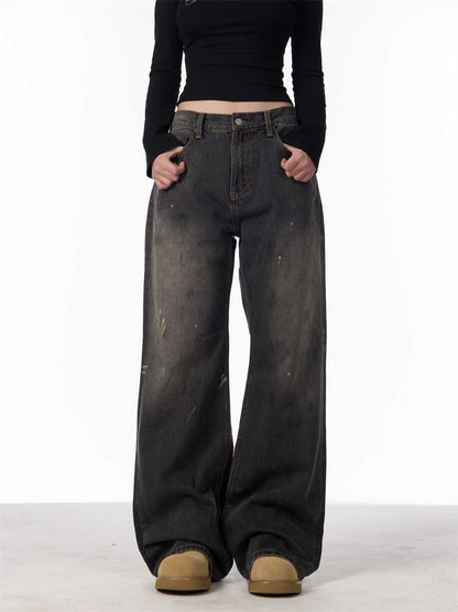 Retro Washed Splash-ink Straight Jeans For Women Loose Straight Trousers