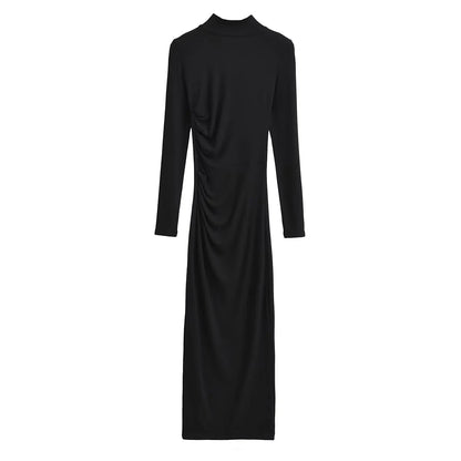 Women's Fashion Pure Color Half Collar Slim-fit Long-sleeved Dress