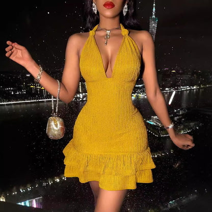 Halter Sexy Low-cut Slim Fit Solid Color Sheath Dress