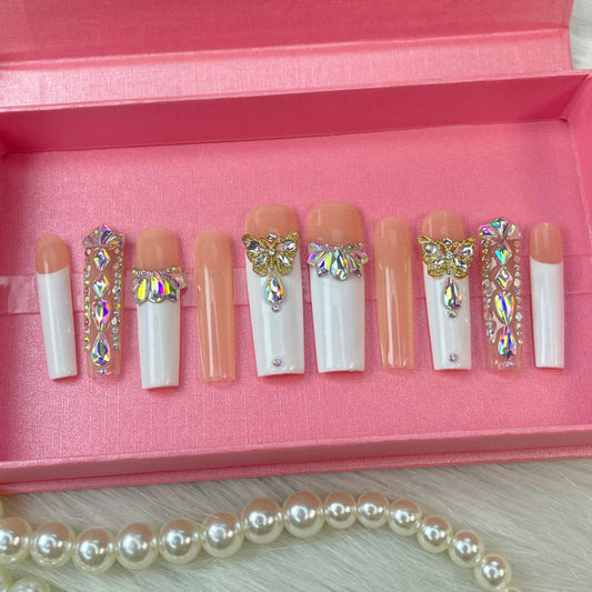 GGDDSHA Nails Press On Nails Medium Fake Nails FalseNails With 3D Flower Designs Nail Press Ons French TipHandmade Acrylic Artificial Nails Summer Natural Stick OnNails For WomenOpal Whisper