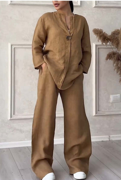 Fashion Solid Color Cotton And Linen Casual Suit Women