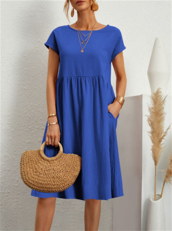 Summer OL Style Women's Solid Color Cotton Round Neck A-line Skirt Mid Length Dress