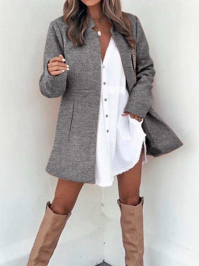 Solid Color Slimming Long Sleeve Pocket Woolen Women's Coat
