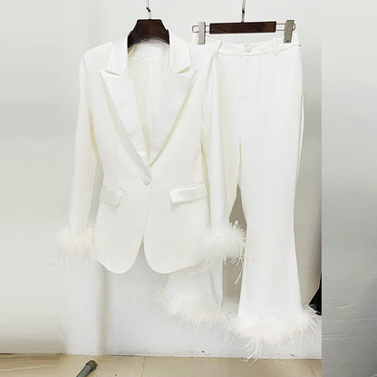True Feathers Ostrich Fur Blazer Cropped Pants Set Two-piece Suit