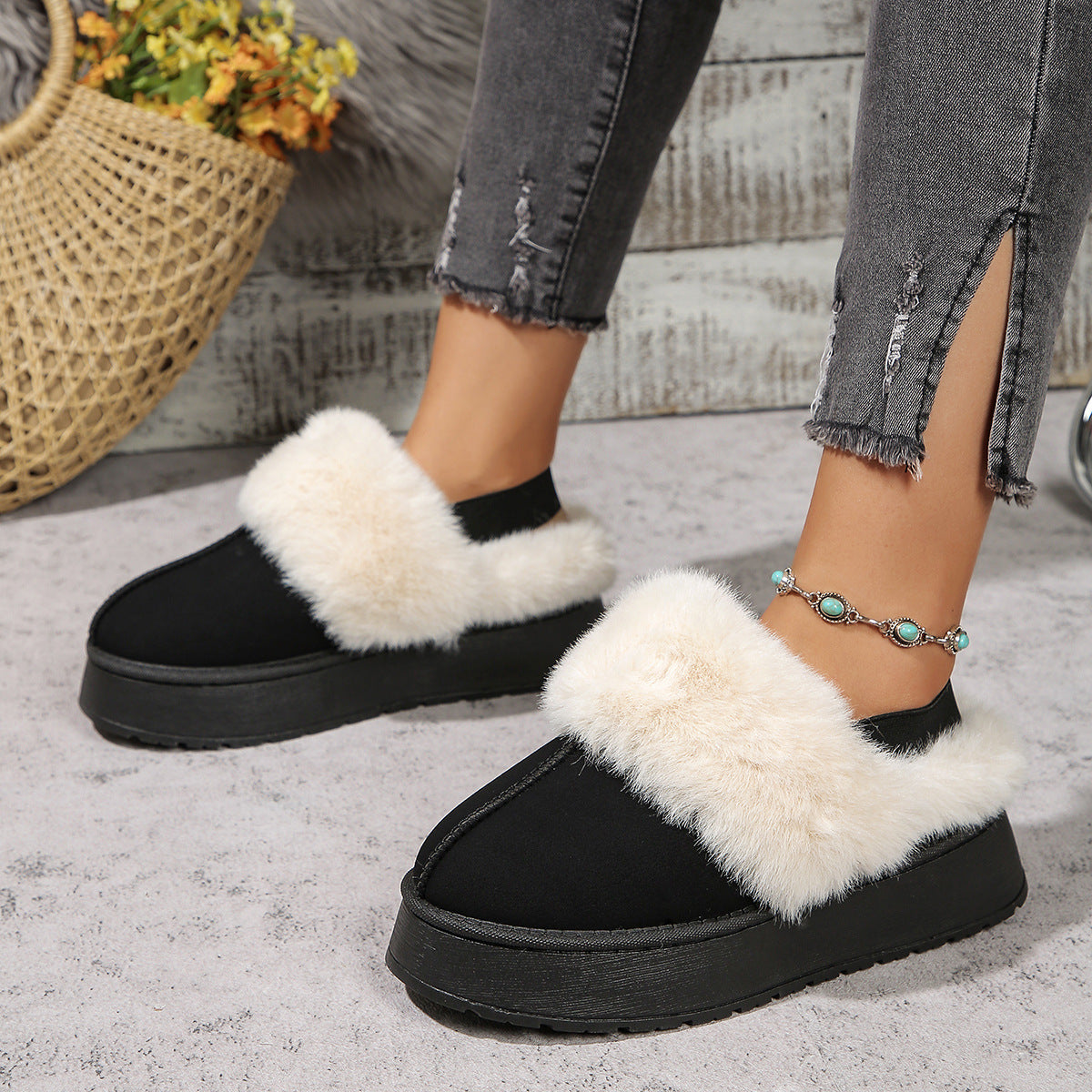 Winter Plush Home Slippers With Back-heeled Elastic Band Design Fashion Round Toe Flat Garden Shoes Warm Floor Slipper For Women
