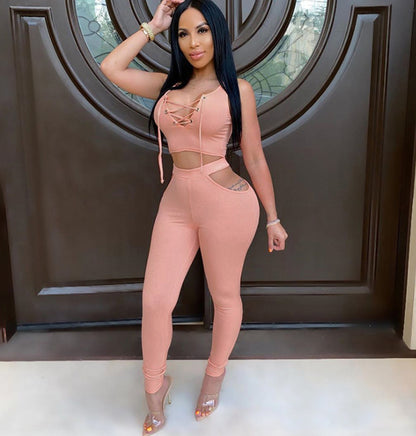 Ladies Collar Off Shoulder Vest Cutout Trousers Suit