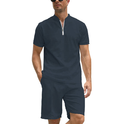 3D Simple POLO Men's Zip-up Shirt Short Sleeve Crew Neck Casual Shorts Suit